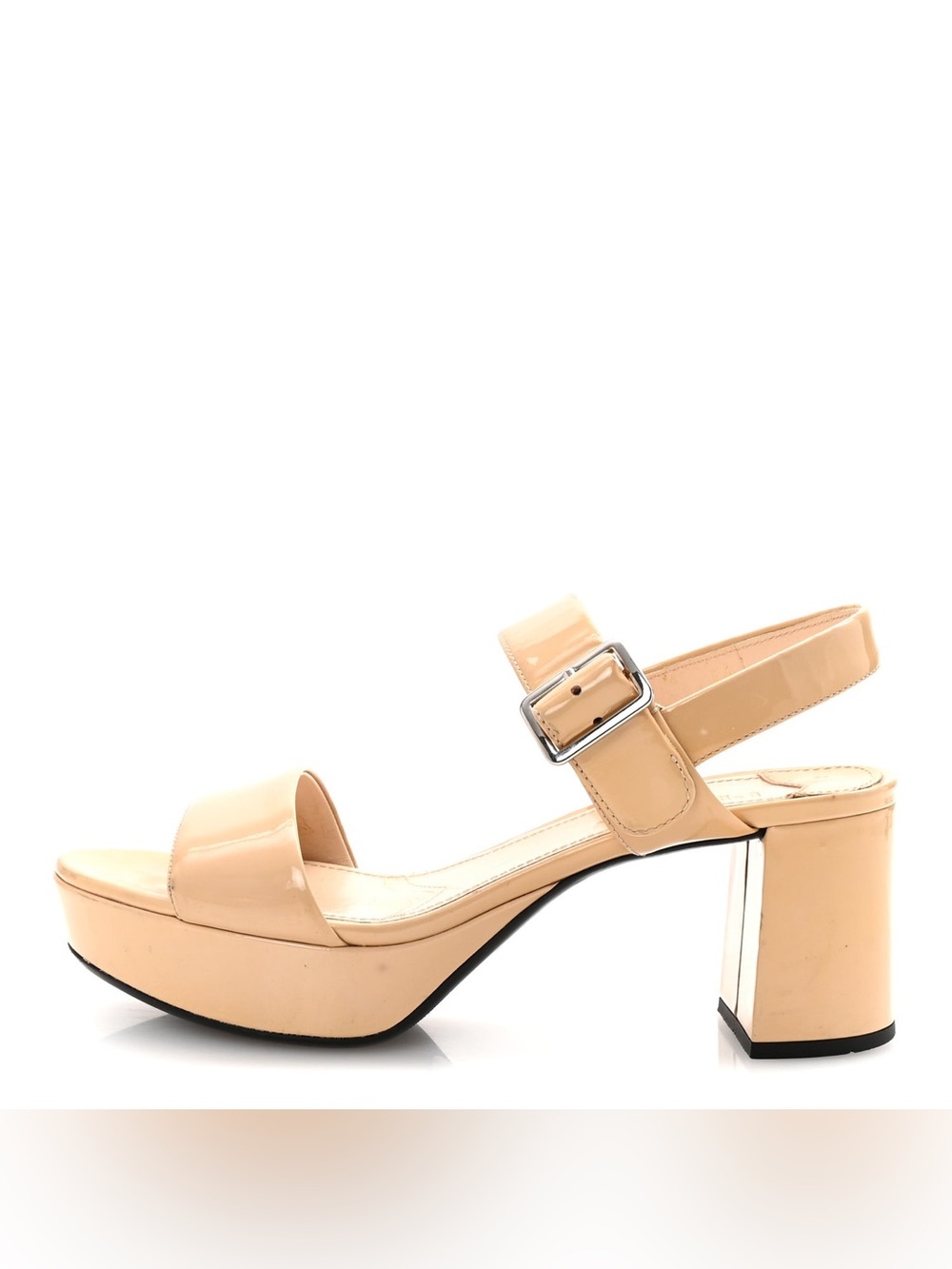 Prada Beige Patent Block Heel Sandal with Buckle